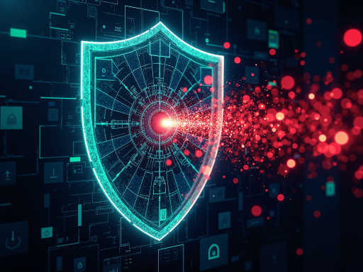 网络安全防护概念图，盾牌图标，数据流线条，安全防护标识，科技感背景